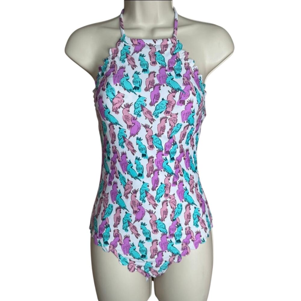 Sugar Coast by Lolli Tropical Cockatoo Scalloped Halter One Piece Swim Suit XS